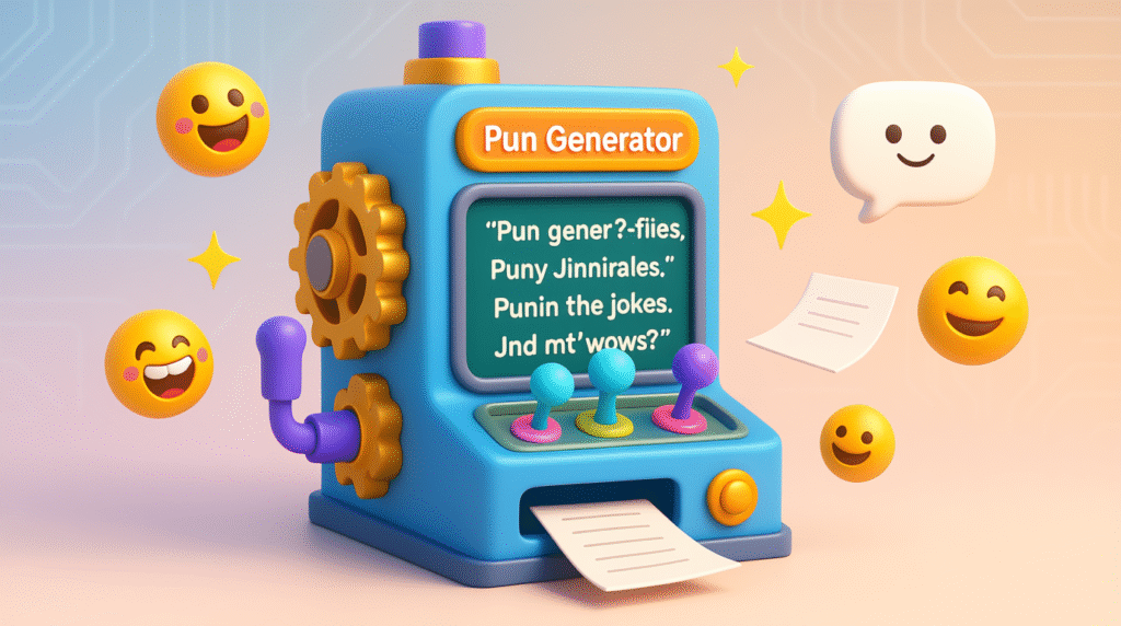 Cartoon style pun generator machine creating funny wordplay with smiling emojis and speech bubbles, symbolizing humor and creativity