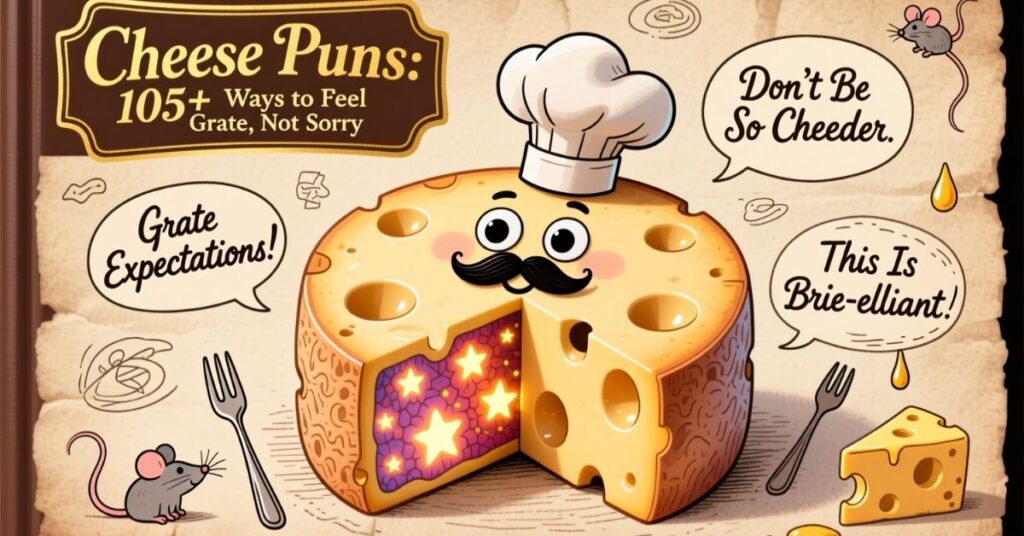 A cartoon wheel of Swiss cheese wearing a chef's hat and mustache, with internal glowing stars, representing the collection of 105+ clever Cheese Puns. Speech bubbles read 'Grate Expectations!' and 'This Is Brie-lliant!'