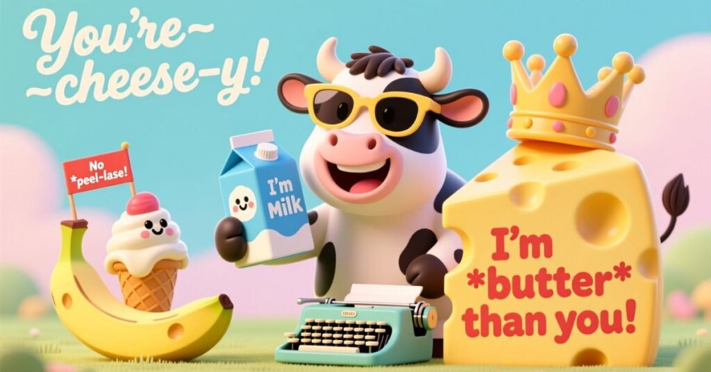 A humorous 3D image showing a cow, a crown-wearing block of cheese, a banana split, and a typewriter, illustrating clever food puns and dairy wordplay with slogans like 'I'm butter than you!'
