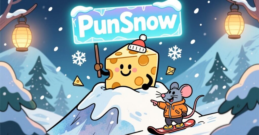 The PunSnow logo on an icy sign held by a smiling piece of cheese on a snowy hill, with a mouse skiing below, emphasizing fun and witty wordplay.