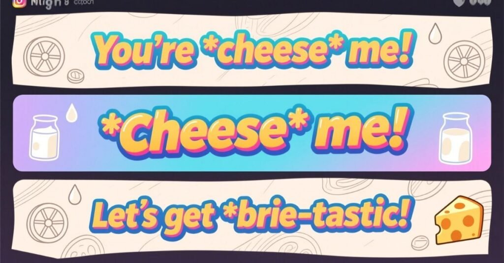 Colorful graphic banners displaying short, punchy puns for social media captions: 'You're cheese-me!' and 'Let's get brie-tastic!'
