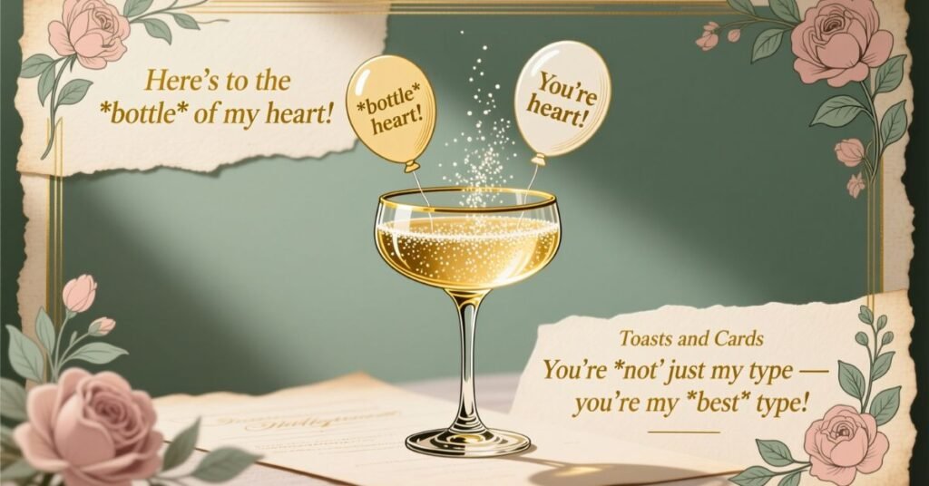 A stylized image of a champagne glass with balloons, roses, and handwritten notes, capturing the theme of witty wordplay for toasts, cards, and celebratory.