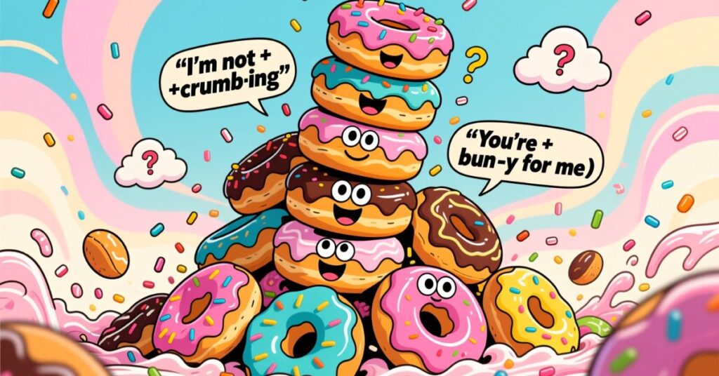 A high-piled stack of various glazed and chocolate donuts with smiling faces, set against a pastel background with speech bubbles like "You're *bun-y* for me."