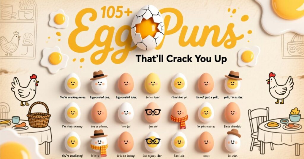 A large infographic titled "105+ Egg Puns That’ll Crack You Up," featuring a central cracked egg with a yellow yolk and rows of illustrated egg characters with various facial expressions and hats.