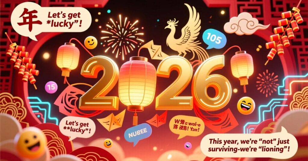 A vibrant Lunar New Year 2026 celebration graphic featuring a golden phoenix, red lanterns, and fireworks. Speech bubbles include festive phrases like "Let's get lucky!" and humor about "lioning" through the year