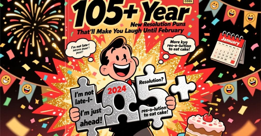 A vibrant holiday card featuring a cartoon man holding puzzle pieces that read "2024" and "95+." The background is filled with fireworks and festive banners, with a headline that includes "New Year Resolution Puns That'll Make You Laugh Until February"