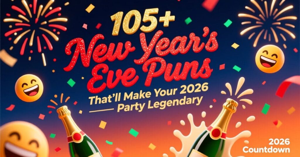 A festive graphic with popping champagne bottles, emoji faces, and fireworks against a dark blue background. Large, sparkly text reads "105+ New Year's Eve Puns That'll Make Your 2026 Party Legendary"