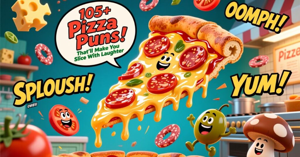 A vibrant digital illustration for a collection of pizza puns, featuring a smiling slice of pepperoni pizza dripping with cheese alongside a happy olive and mushroom character in a kitchen setting.