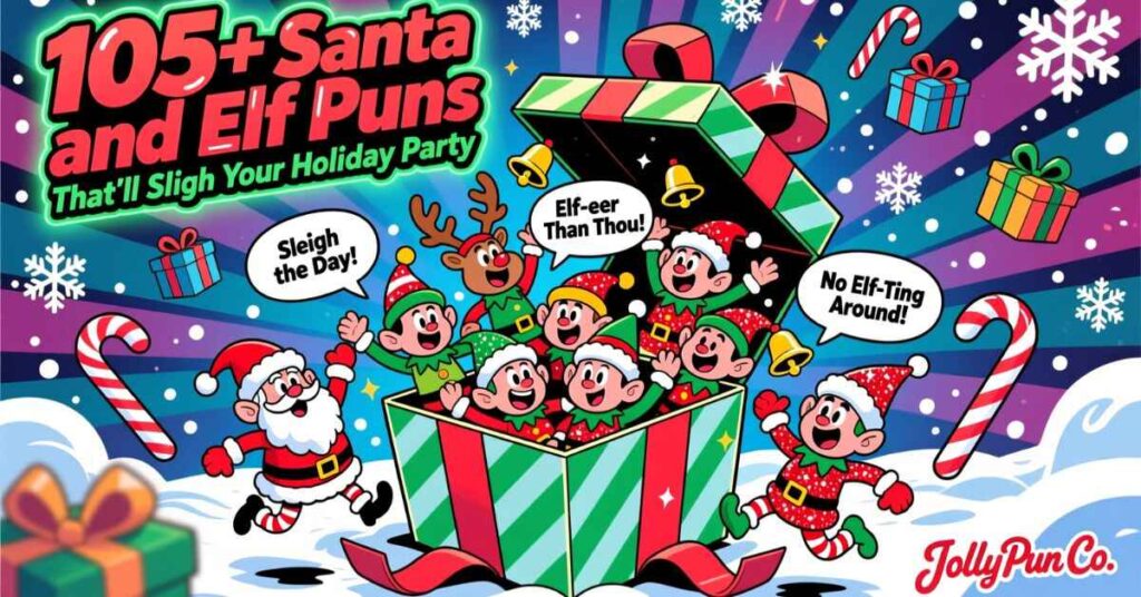 A vibrant holiday graphic featuring a green gift box overflowing with cheerful elves and a reindeer. Santa Claus runs alongside them in a snowy landscape. Large text reads "105+ Santa and elf puns That'll Sligh Your Holiday Party," with speech bubbles showing "Sleigh the Day!" and "Elf-eer Than Thou!"
