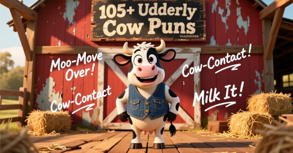 A cheerful 3D cartoon cow wearing a denim vest stands in front of a red barn under a sign reading "105+ Udderly Cow Puns," surrounded by speech bubbles like "Moo-Move Over!"
