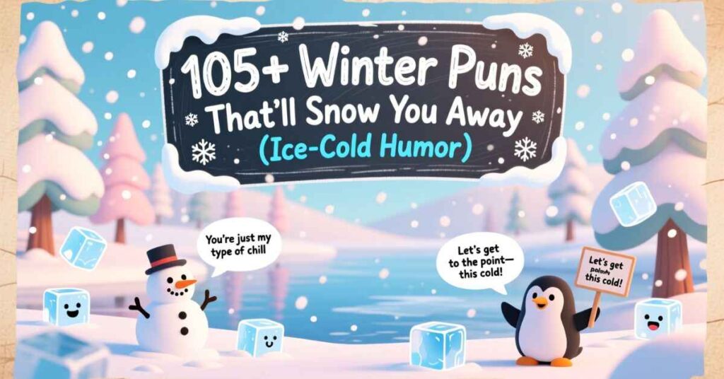 A cheerful digital banner titled "105+ Winter Puns That’ll Snow You Away (Ice-Cold Humor)," featuring a smiling snowman and a penguin holding a sign in a snowy landscape