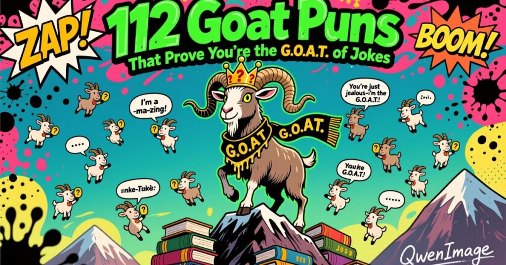 A vibrant, neon-colored graphic titled "112 Goat Puns That Prove You’re the G.O.A.T. of Jokes," featuring a central crowned goat on a mountain of books surrounded by smaller goats and speech bubbles
