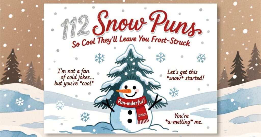 A festive graphic titled "112 Snow Puns So Cool They'll Leave You Frost-Struck," featuring a smiling snowman in a red scarf and various winter wordplay like "Let's get this snow started!"