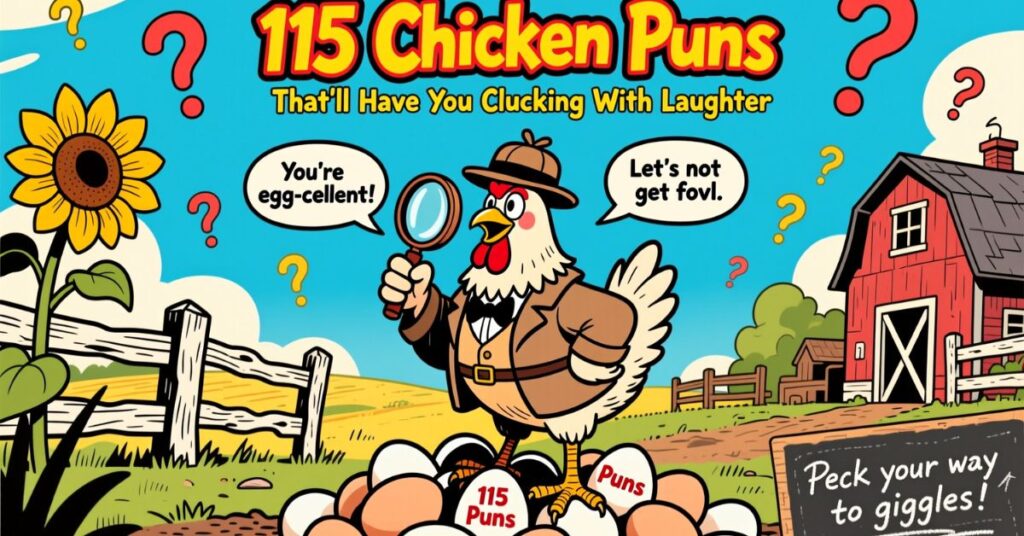 A whimsical barnyard scene featuring a chicken wearing a detective hat and holding a magnifying glass over a pile of eggs, under a banner for "115 Chicken Puns"