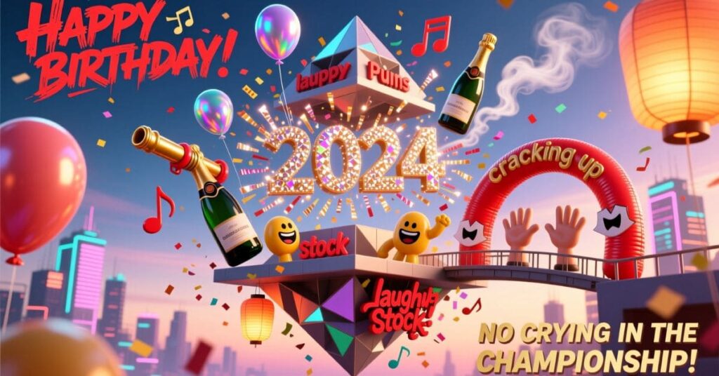 A surreal, floating celebration platform in a city featuring the year "2024," champagne bottles, and musical notes. This colorful "Laughing Stock" themed graphic is filled with humor and festive elements, ideal for showcasing New Year's Eve Puns