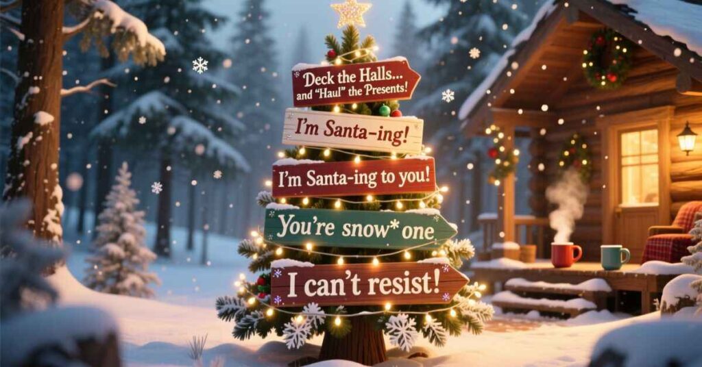 A Christmas tree standing outside a cozy log cabin at night, decorated with directional wooden signs. The signs feature festive phrases and puns such as "Deck the Halls... and 'Haul' the Presents!" and "You're snow* one I can't resist!"
