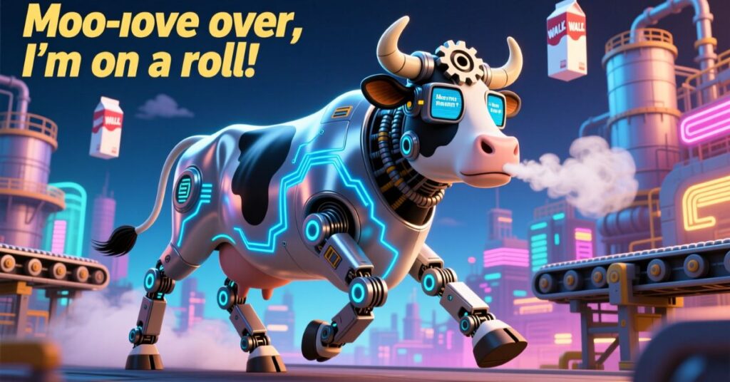 A creative, futuristic scene featuring a robotic cyborg cow walking through a neon-lit industrial city, with a bold caption displaying cow puns like "Moo-love over, I'm on a roll!"