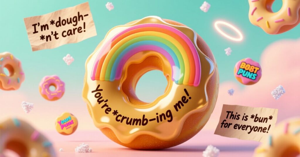 A vibrant, golden-glazed donut with a rainbow icing design floating in a pink sky, surrounded by donut puns like "You're *crumb-ing* me!" and "I'm *dough-n't* care!"