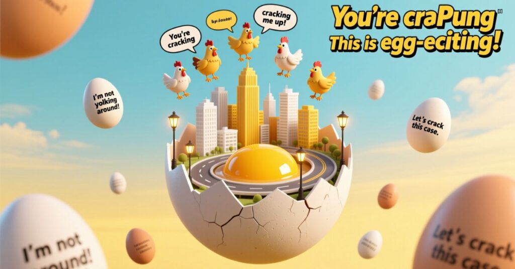 A creative surrealist graphic showing a city built inside a giant cracked eggshell floating in the sky, with chickens perched on skyscrapers and the caption "You're craPung This is egg-eciting!"