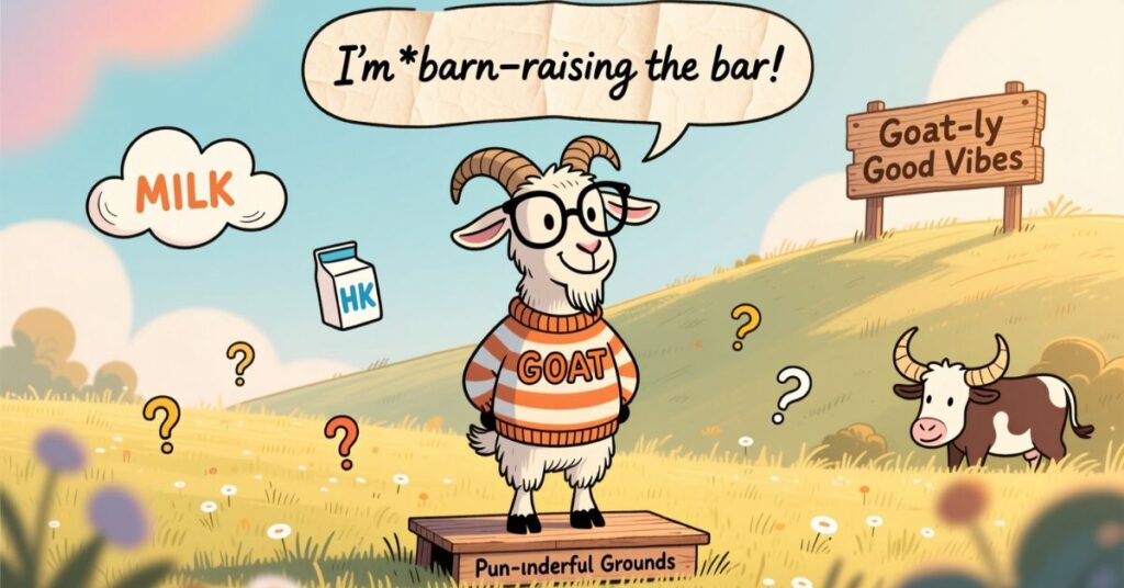 A charming meadow scene featuring a goat wearing a "GOAT" sweater standing on a podium labeled "Pun-derful Grounds," with a thought bubble saying "I’m *barn-raising* the bar!"