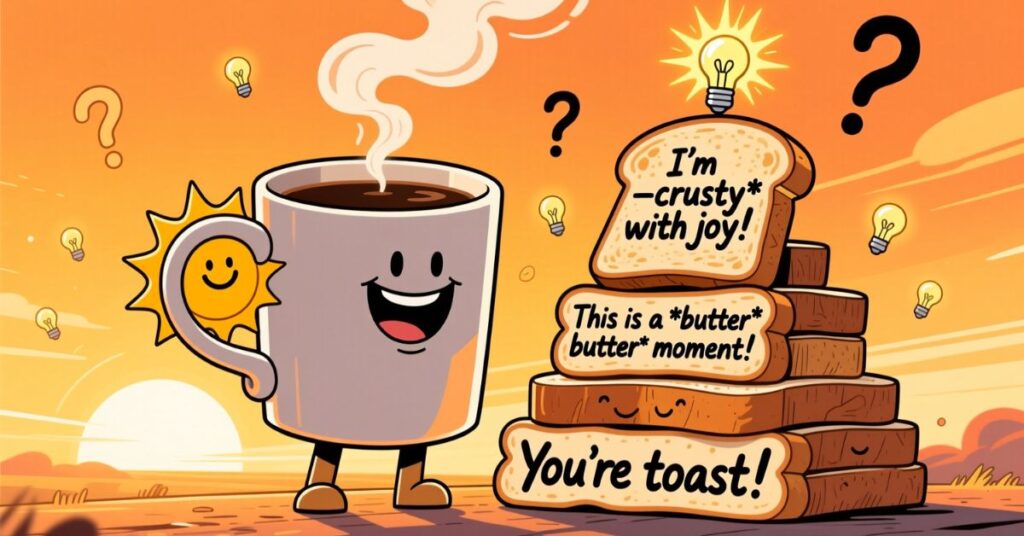 A cheerful morning scene featuring an anthropomorphic coffee mug high-fiving a stack of toast slices that are labeled with coffee puns and breakfast wordplay like "I'm -crusty* with joy!"