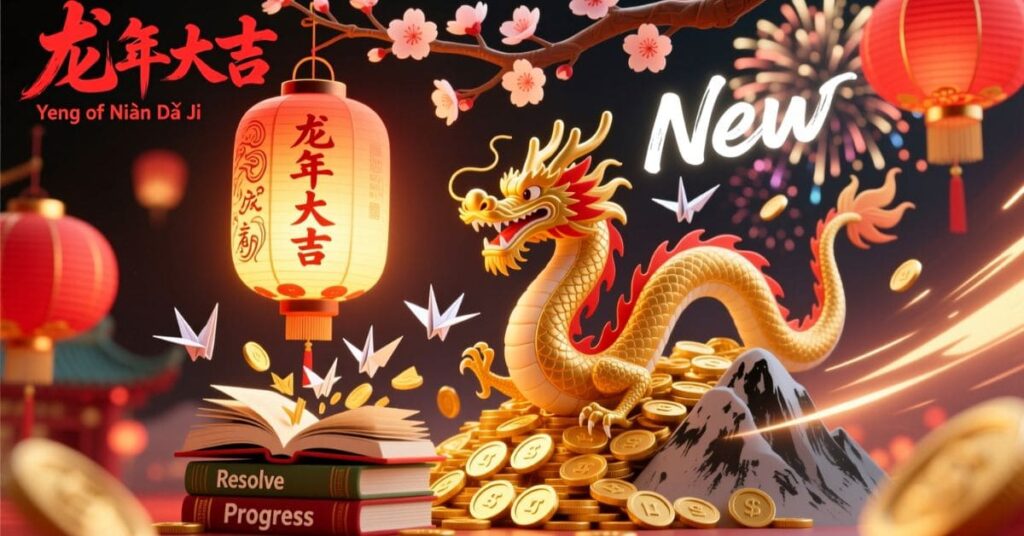 A majestic golden dragon sits atop a pile of gold coins next to a stack of books titled "Resolve" and "Progress". The scene is decorated with red lanterns, cherry blossoms, and fireworks to celebrate the Lunar New Year