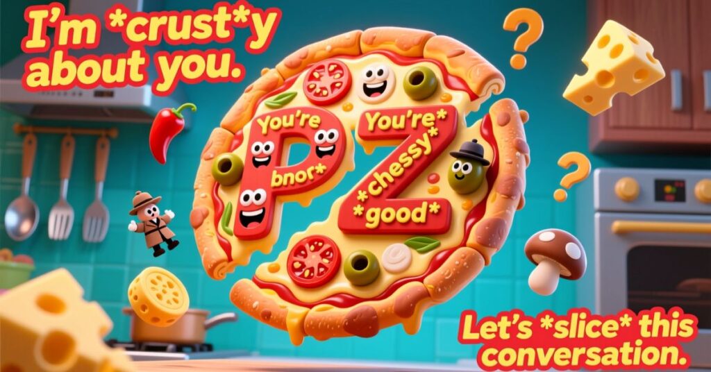 A creative kitchen scene showcasing a pizza with "PZ" toppings and floating speech bubbles that include pizza puns like "I'm *crust*y about you" and "Let's *slice* this conversation."