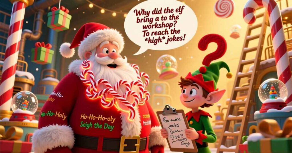 Inside a glowing workshop, a young elf holds a clipboard and asks Santa a riddle: "Why did the elf bring a [ladder] to the workshop? To reach the high jokes!" Santa is draped in candy cane garlands and his suit is embroidered with phrases like "Sleigh the Day."