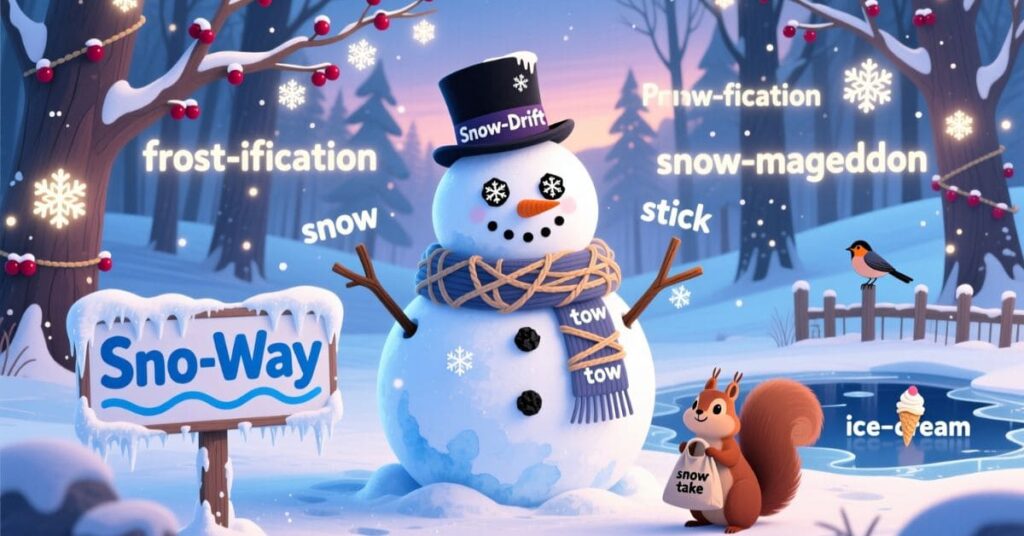 A whimsical winter forest scene featuring a snowman in a top hat next to a "Sno-Way" sign and a squirrel, surrounded by creative snow puns like "snow-mageddon" and "frost-ification."