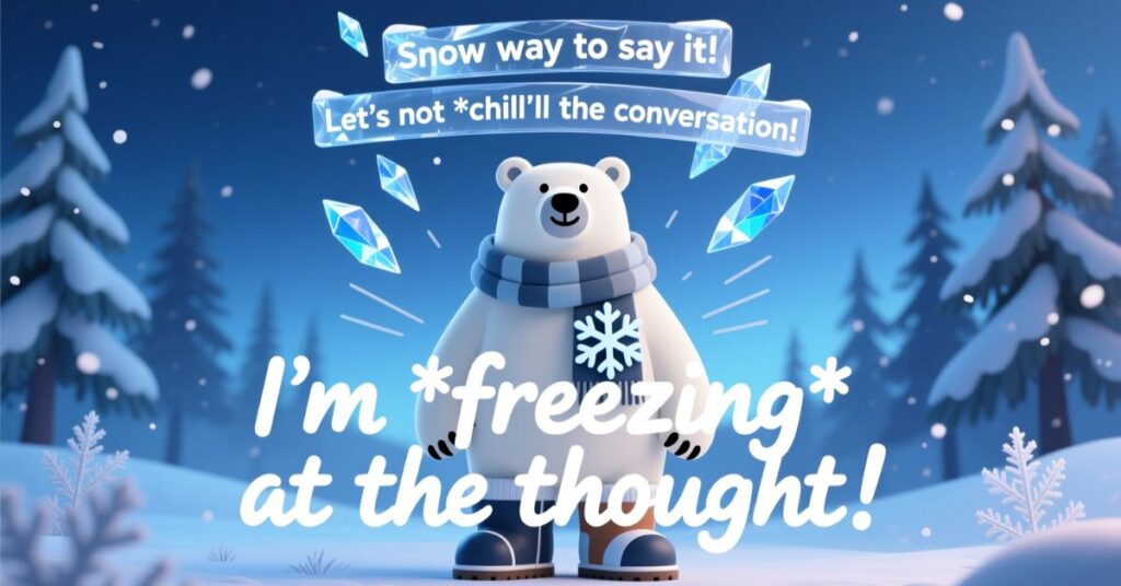 A sturdy polar bear character wearing a scarf standing among pine trees and floating ice crystals with the bold text "I'm *freezing* at the thought!"