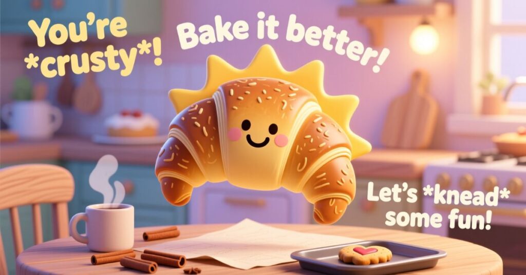 A warm, whimsical kitchen scene featuring a smiling croissant character with a sun halo, accompanied by baking-themed wordplay like "Bake it better!" and "You're *crusty*!"
