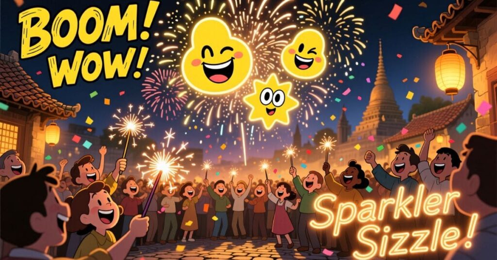 A joyful crowd of cartoon people celebrates in a traditional village square at night. They are surrounded by glowing lanterns, sparklers, and floating star-shaped emojis, accompanied by the bold text "BOOM! WOW! Sparkler Sizzle!"