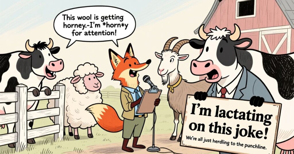 A cartoon fox reporter with a microphone and clipboard interviews a group of farm animals, including a sheep, a goat, and a cow in a suit holding a sign that says, "I'm lactating on this joke!"