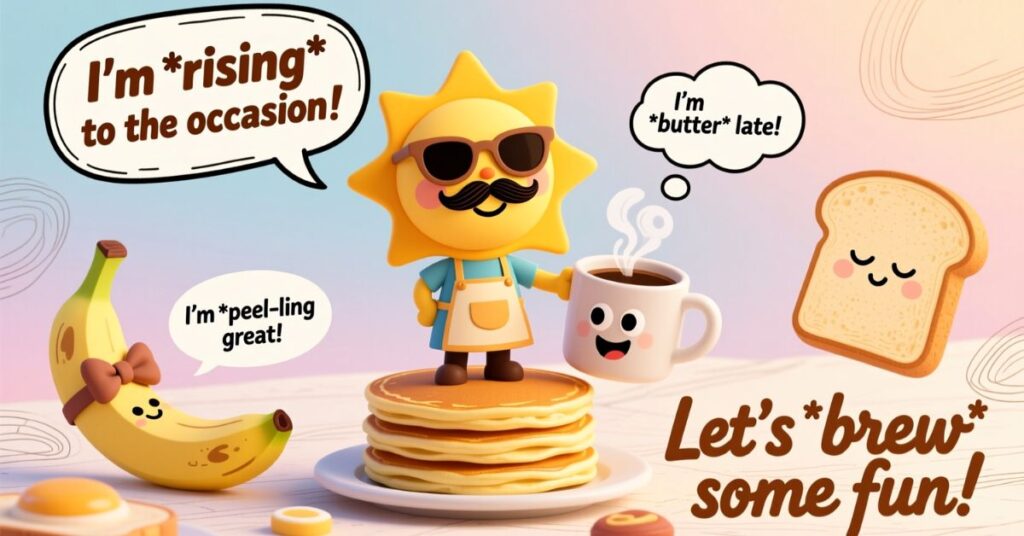 A whimsical breakfast illustration with a smiling sun character in sunglasses and a mustache holding a coffee mug, standing on a stack of pancakes next to a banana and a slice of bread.