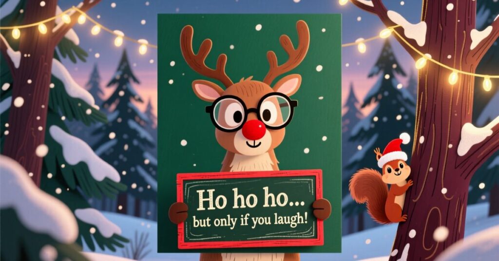 A whimsical scene showing a reindeer with round glasses and a red nose holding a green sign that reads "Ho ho ho... but only if you laugh!" A small squirrel wearing a Santa hat peeks from behind a nearby tree decorated with string lights