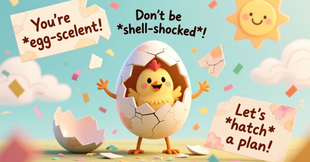 A bright and happy illustration of a yellow chick hatching from a white eggshell, surrounded by confetti and encouraging phrases like "You're *egg-scelent*!" and "Let's *hatch* a plan!"