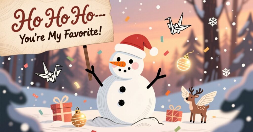 A friendly snowman wearing a red Santa hat stands in a snowy forest holding a wooden sign that says "Ho Ho Ho... You're My Favorite!" The scene is decorated with paper cranes, ornaments, and a small reindeer with wings.