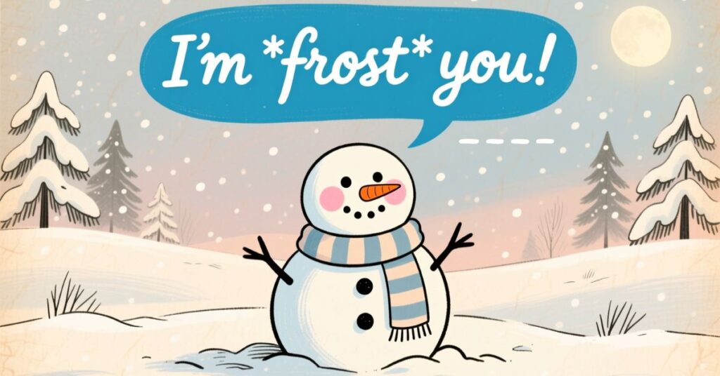 A cute cartoon snowman standing in a snowy field with a large blue speech bubble above him that says "I'm *frost* you!"
