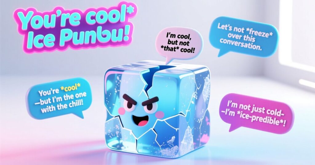 A 3D digital graphic titled "Ice Punbu!" featuring a cracked, anthropomorphic ice cube character surrounded by speech bubbles like "Let's not freeze over this conversation."