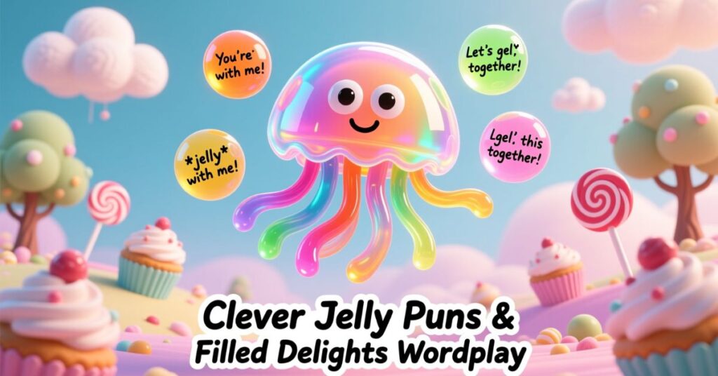 A colorful, fantasy candy land illustration featuring a happy rainbow jellyfish character surrounded by bubbles with playful puns like "Let's gel together!" and "Clever Jelly Puns."