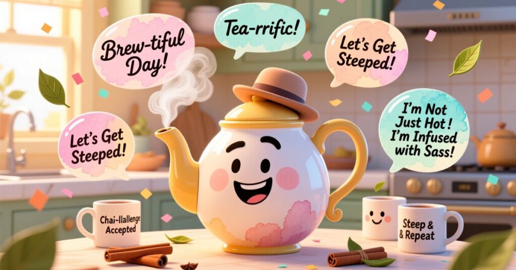 A whimsical kitchen illustration of a smiling teapot wearing a hat, surrounded by colorful bubbles with tea-related jokes like "I'm Not Just Hot! I'm Infused with Sass!"