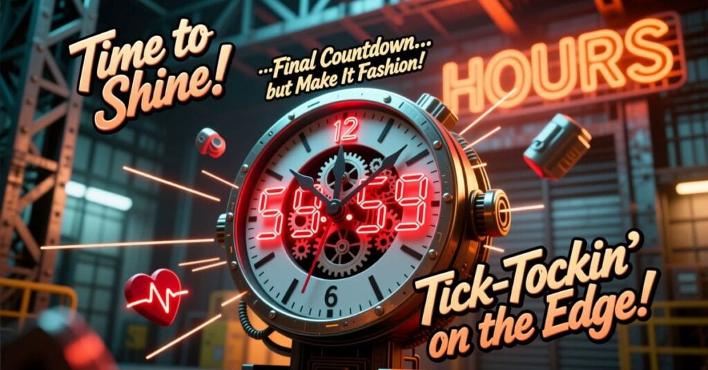A high-octane close-up of a mechanical clock with a red digital display showing "59:59." The image features industrial styling and text like "Time to Shine!" and "Tick-Tockin' on the Edge!", a perfect background for New Year's Eve Puns