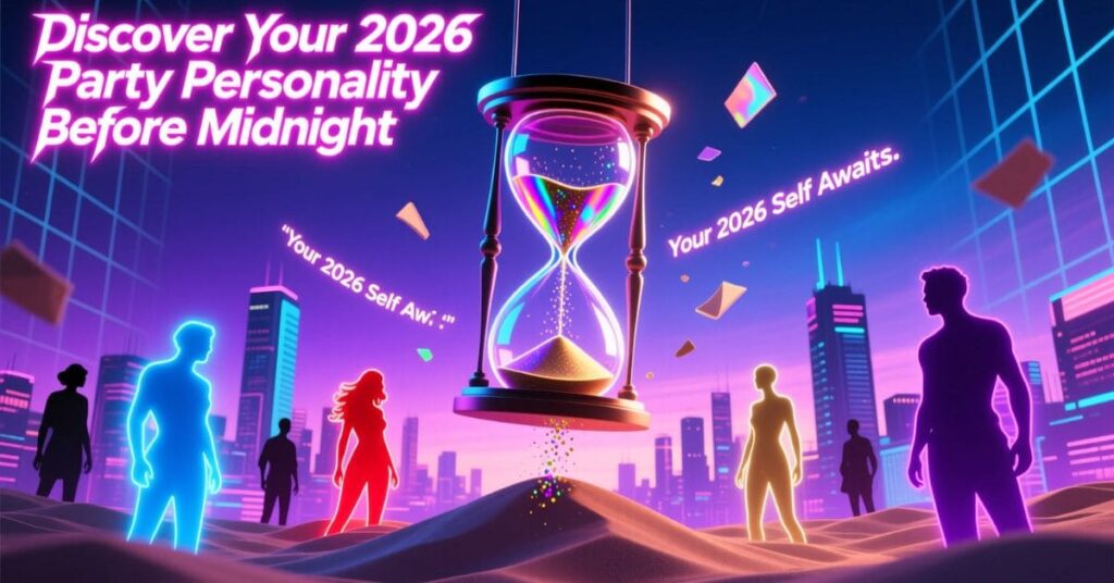 A futuristic, neon-lit cityscape featuring glowing silhouettes of people and a large hourglass suspended in the air. Text reads "Discover Your 2026 Party Personality Before Midnight," making it a great visual for a collection of New Year's Eve Puns