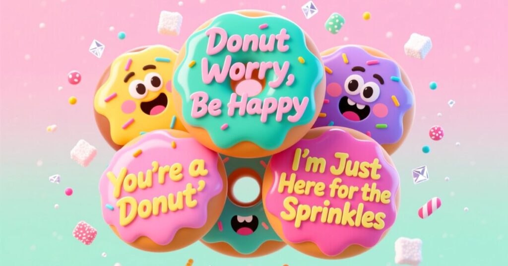 A bright and colorful group of 3D animated donuts with faces, featuring cheerful messages like "Donut Worry, Be Happy" and "I'm Just Here for the Sprinkles."