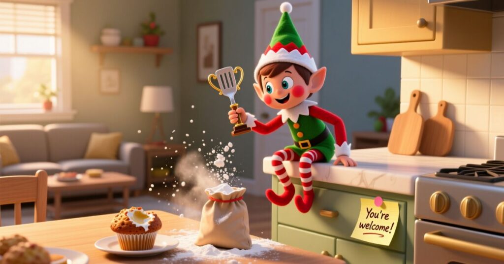 A playful elf sits on a kitchen counter holding a small golden trophy shaped like a spatula. He is sprinkling flour onto a muffin on the table below. This festive scene is a perfect visual for a collection of santa and elf puns related to holiday baking