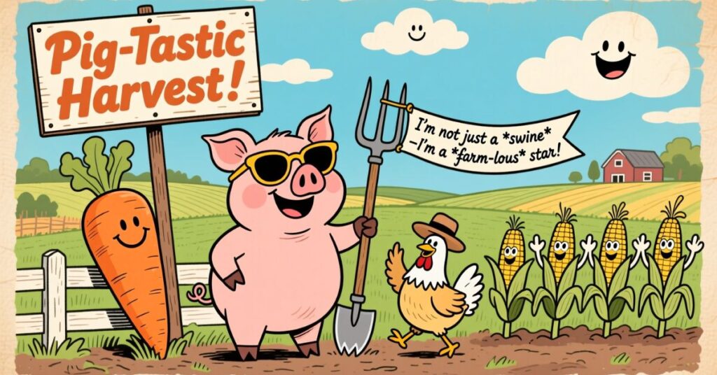A festive "Pig-Tastic Harvest!" illustration showing a cool pig in sunglasses holding a pitchfork next to a giant smiling carrot and a group of happy corn stalks.