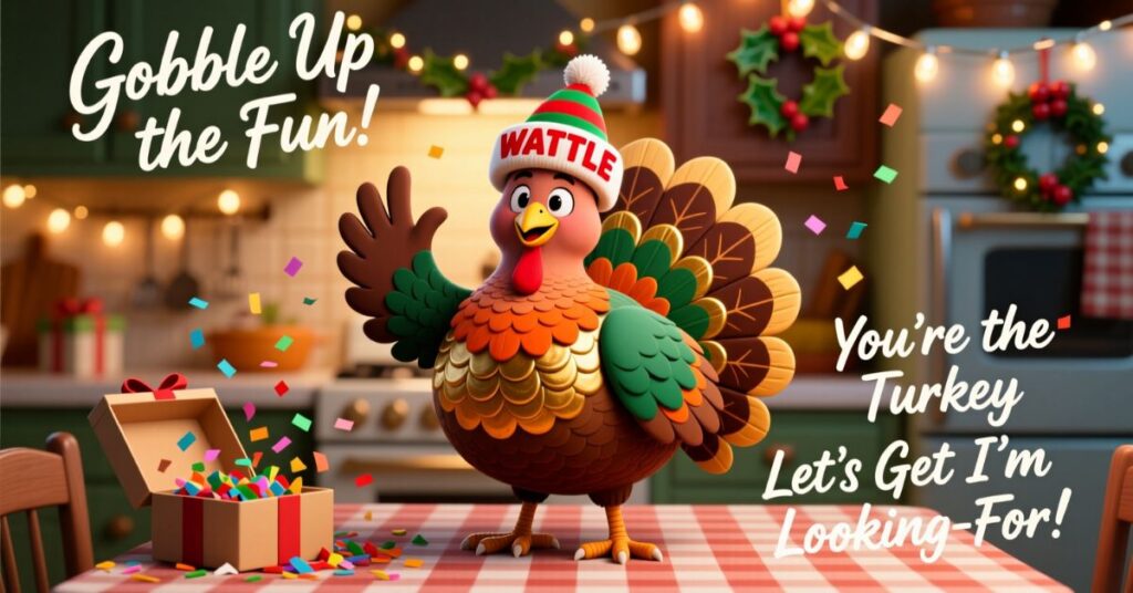 A festive kitchen scene featuring a colorful turkey wearing a "WATTLE" winter hat, standing next to an open gift box with the text "You're the Turkey Let's Get I'm Looking-For!"