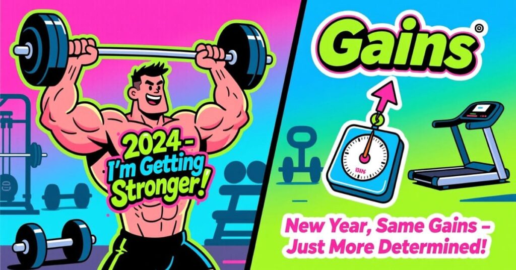 A split-screen graphic for 2024 fitness goals. On the left, a muscular cartoon man lifts a barbell; on the right, a scale and treadmill are shown with the text "New Year, Same Gains – Just More Determined!" a great visual for New Year Resolution Puns
