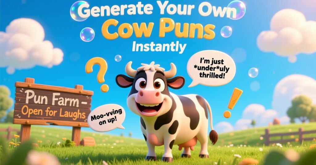 A bright, sunny farm scene for a pun generator titled "Generate Your Own Cow Puns Instantly," featuring a smiling cow in a pasture with a speech bubble saying, "I'm just *under*uly thrilled!"