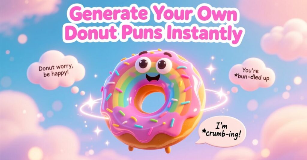 An inviting banner for a digital tool with a smiling 3D donut character, encouraging users to "Generate Your Own Donut Puns Instantly" amidst floating speech bubbles.